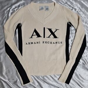 Armani Exchange Cream and Black V-Neck Sweater